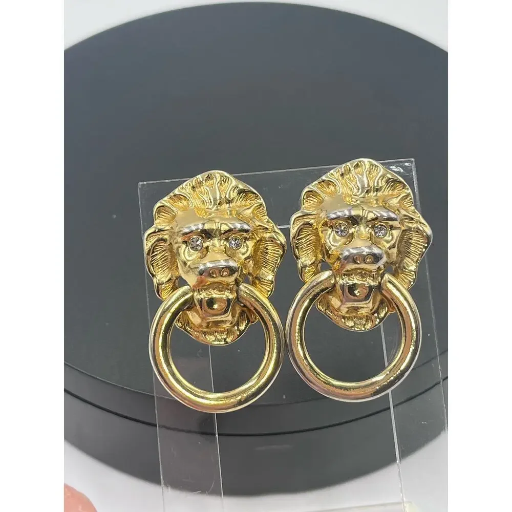 Kenneth Jay Lane Vintage 
Lionhead Doorknocker Rhinestone Eyes‎ Earrings - Picture 7 of 14